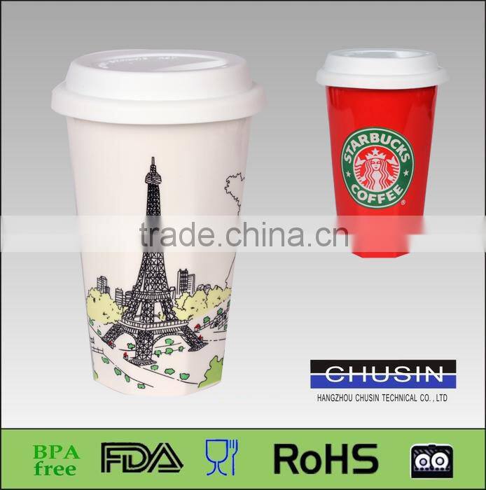 Double wall BPA free ceramic coffee cup with colorful silicone sleeve and lid