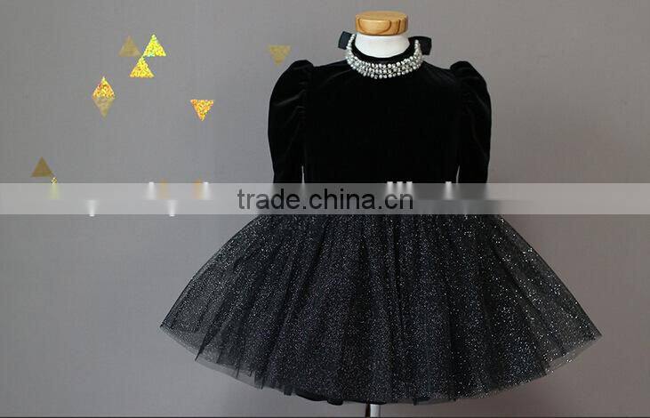 pearl neck long sleeves baby girls dresses velvet