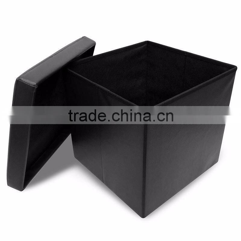 Foldable Storage Ottoman - Contemporary Faux Leather Ottoman with Cover, Black