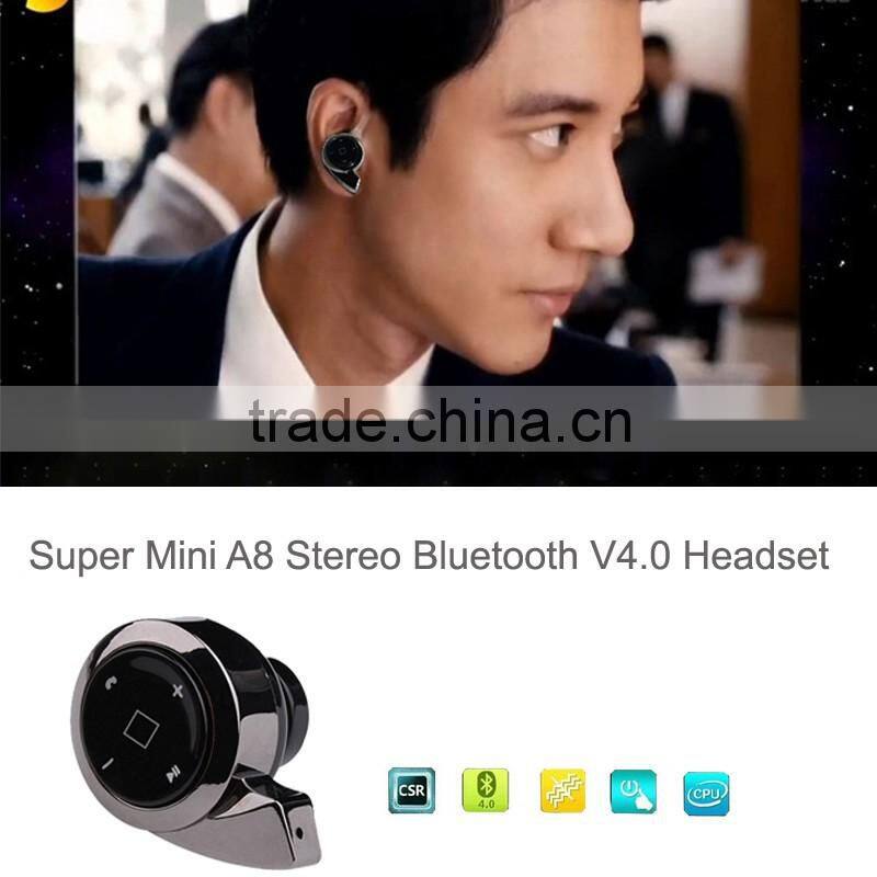2016 New Arrival Super Mini & Micro Mini A8 Wireless Bluetooth Earphone In-ear with Hands free and Microphone