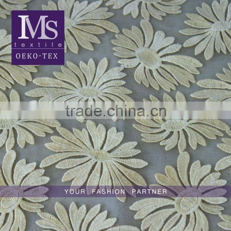 Top fashionable colorful leaves embroidered lace fabric dresses fabrics