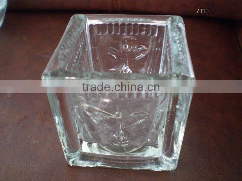 clear square glass candle holder with design