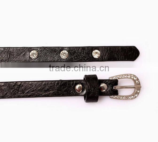 Fashion rhinestone decorated pin buckle sex girl black thin PU waist belt