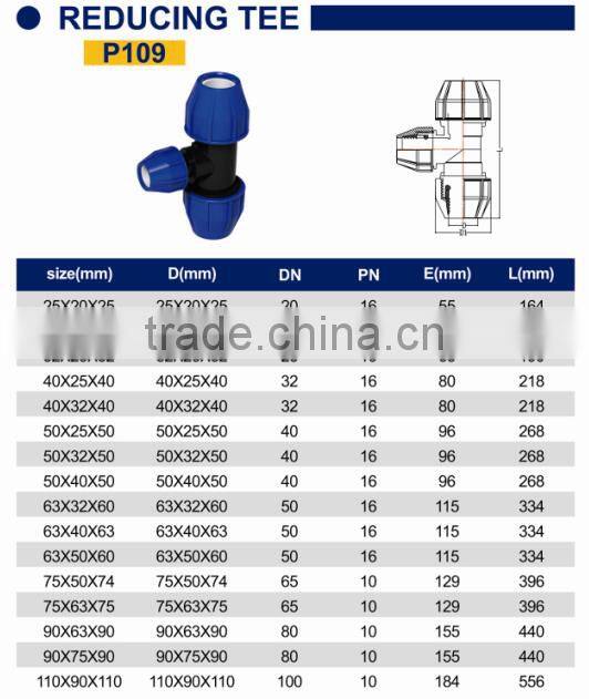 TY High quality PP compression fittings REDUCING TEE eco-friendly Cheap Price Full Size factory price list discount