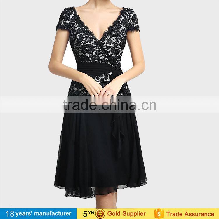Vintage black wrap embroidery lace knee length casual cocktail party dresses for elegant mature women over 50