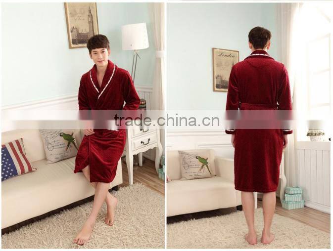 100% polyester embossed powder plush fleece men's bathrobe, nightie gown