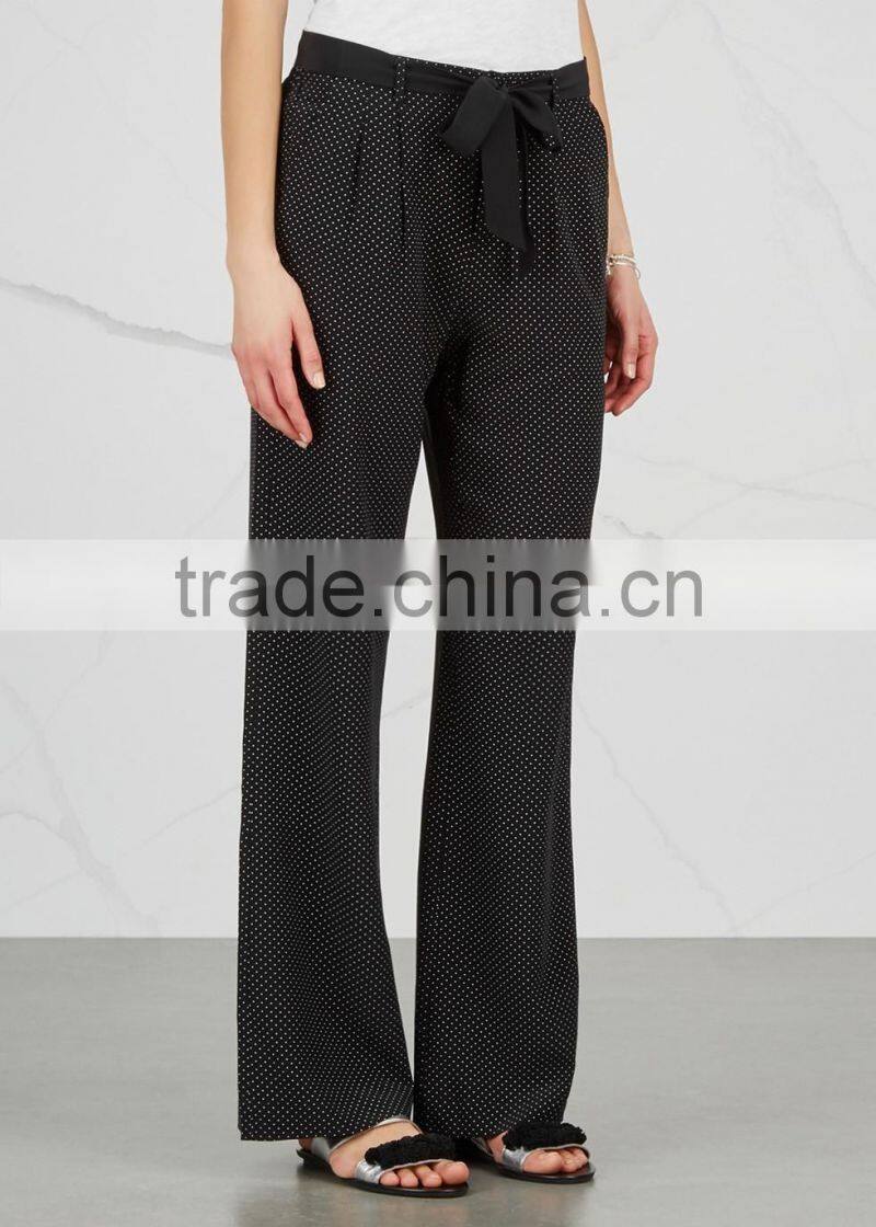 Wholesale Women Apparel Polka-dot Print Belt Loops Waist Tie Black Silk Trousers(DQE0364P)