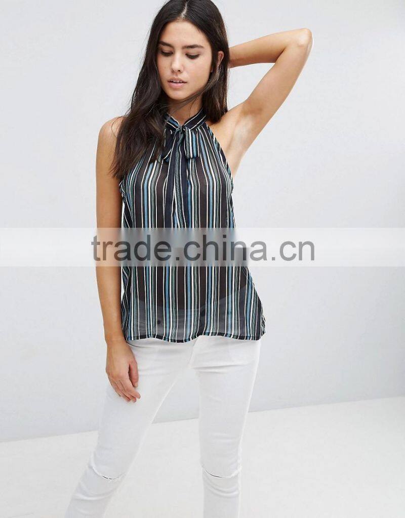 Sleeveless Striped Shirt with print chiffon