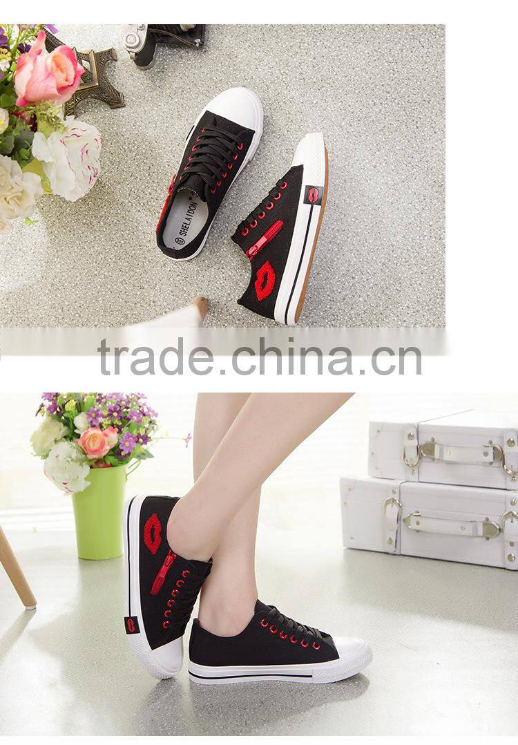 Lady's lace-up canvas shoes with zipper and lips decoration