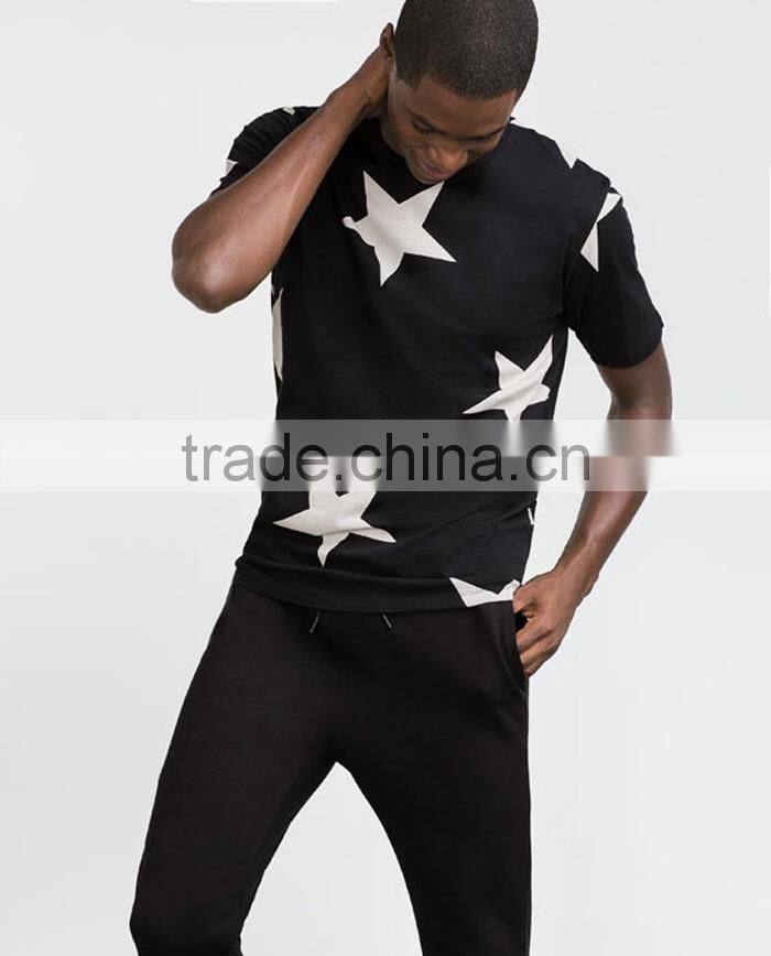 O neck black slim man cotton t shirt with stars printed