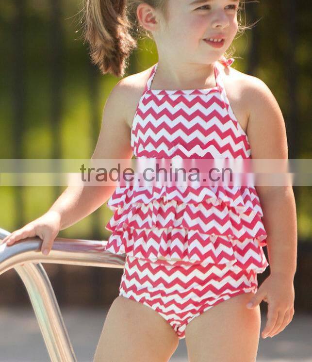 kids clothing wholesale Boutique White n Red Chevron Ruffle Swimsuit toddler girl cotton clothes set beach wear tank top&bloomer