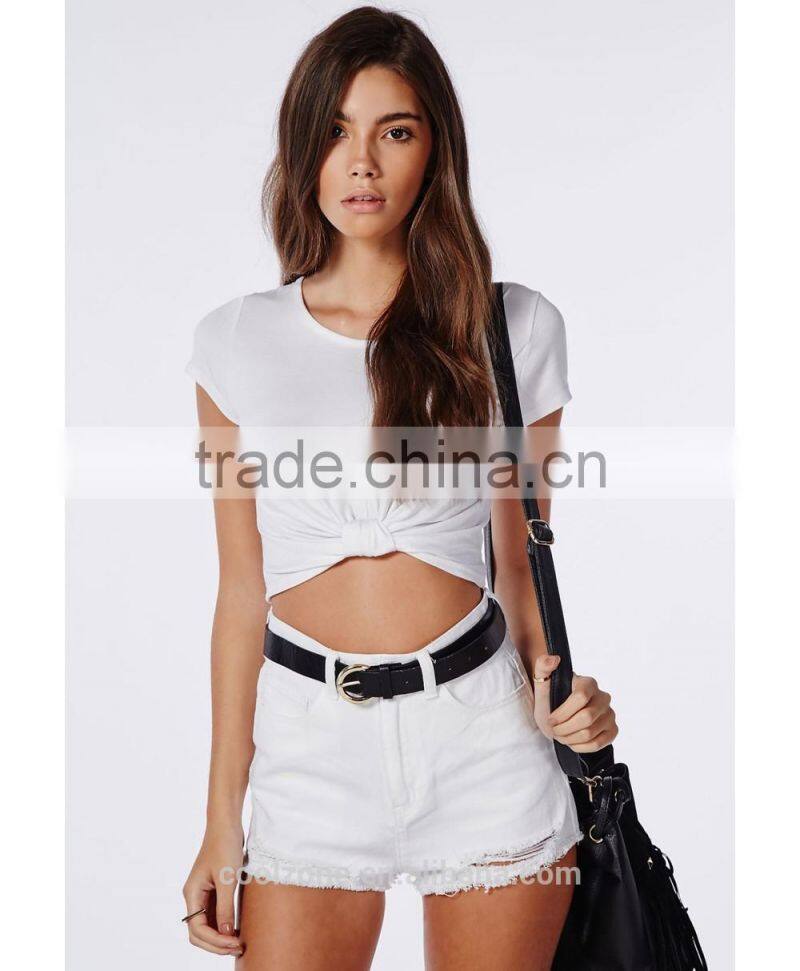 Plain fashion cap sleeve round neck knot front wihte blouse