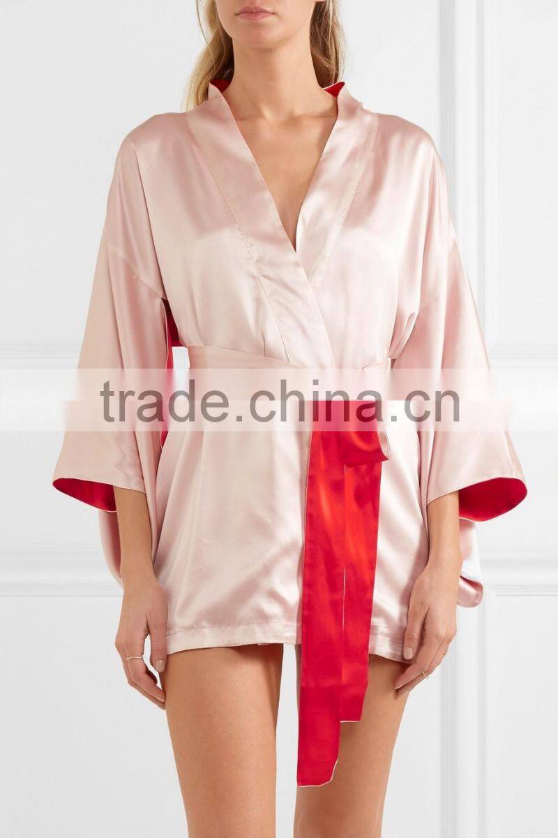 2017 New Style Pink and Red Color Blocking Embroidered Satin Robe with Waist Tie