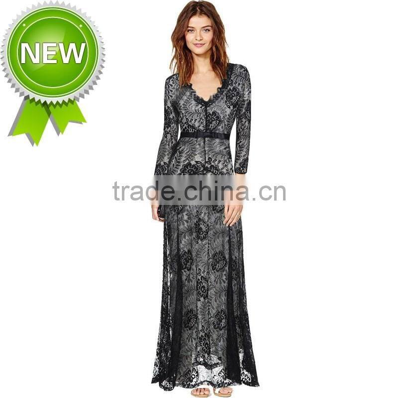 2016 Elegant Long Sleeve Women Dresses Sexy Lace V-Neck Evening Party Dress For OEM