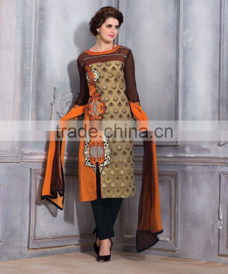 Brown and Green color with embroidery work Blooming Grace Designer Semi Stitch Salwa Kameez
