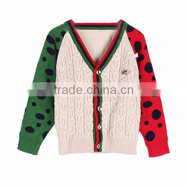 High Quality Contrast Color Cable Knit Boy's V-neck Cardigan Sweater