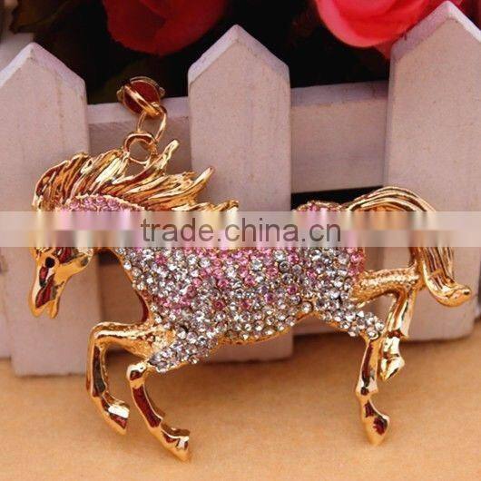 Gold plated multi color rhinestone seeting running horse pendant keychain