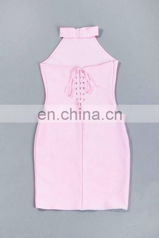 Amigo 2017 new designer pink halter backless sexy XXX bandage dress midi evening dresses for women party wear