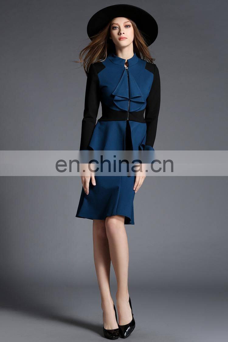 2016 blue boutique two piece flouncing dress mature female dress set wholesale