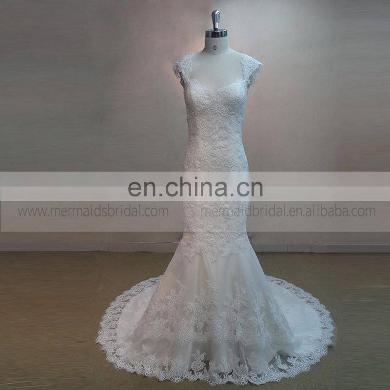 Terse Fish Cut Sweet Heart Cap Sleeve Lace Wedding Party Dress