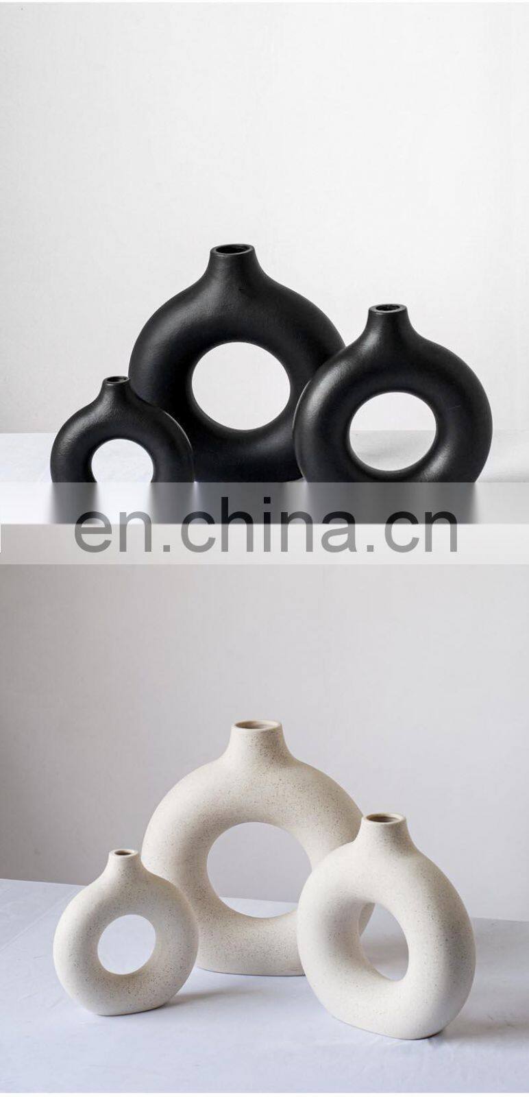 Black Circular Hollow Ceramic Vase Donuts Nordic Flower Pot Home Decoration Accessories Office Living Room Interior Decor
