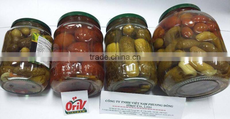 Pickled Cucumber & Tomato together in glass jar for export