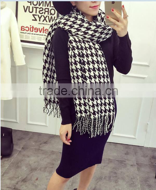Za Fringed Tassel Houndstooth Jacquard Woven Cashmere Feel Acrylic Scarf