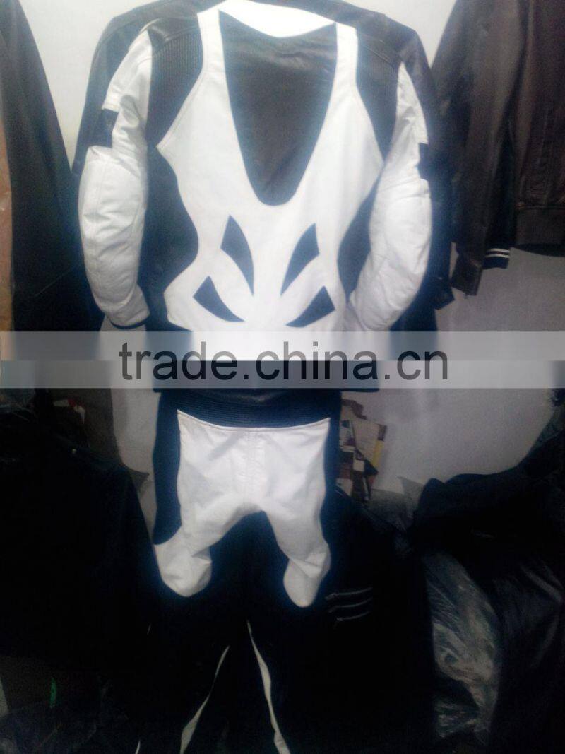 MENS MOTORBIKE LEATHER SUIT COWHIDE LEATHER BLACK & WHITE