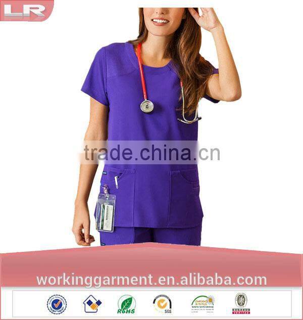 Wholesale OEM Classic Women's 6 Pocket Jewel Neck Solid Scrub/Nurse Uniform/Medical Scrubs /Hospital Uniform Top