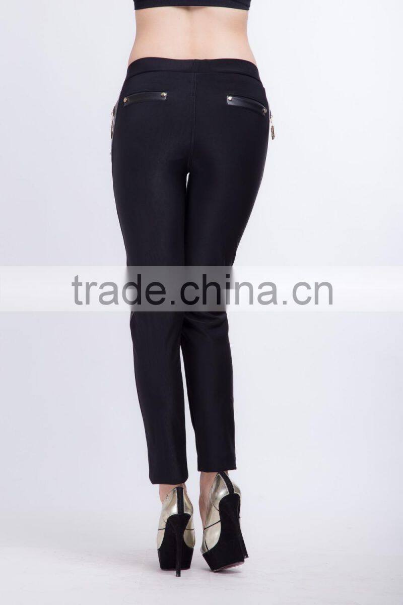 Ladies Side Spell Leather PU Zipper Leggings With Two Pocket Back