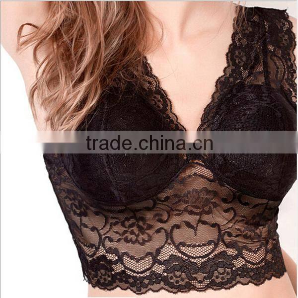 Soft comfortable and fancy black lace bralette,Sexy Deep V Full Lace Thin Band Bralette