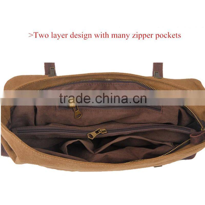 Durable Multi-purpose Waxed Canvas Vertical Men Leather Briefcase Bag Wholesale