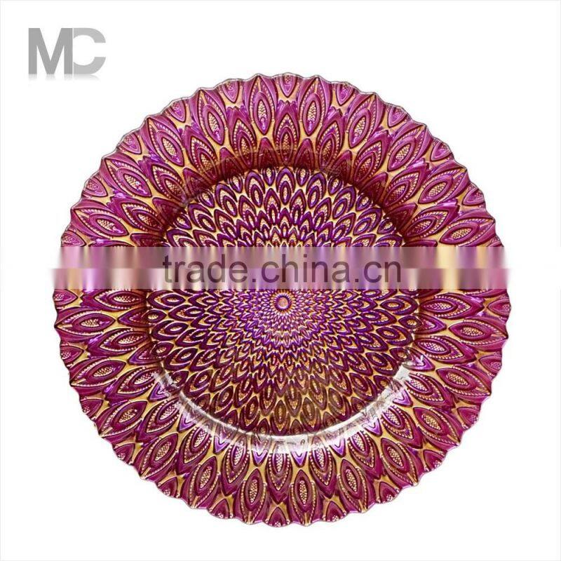 Wholesale Wedding Red Color Peacock Design Glass Charger Plate Underplate
