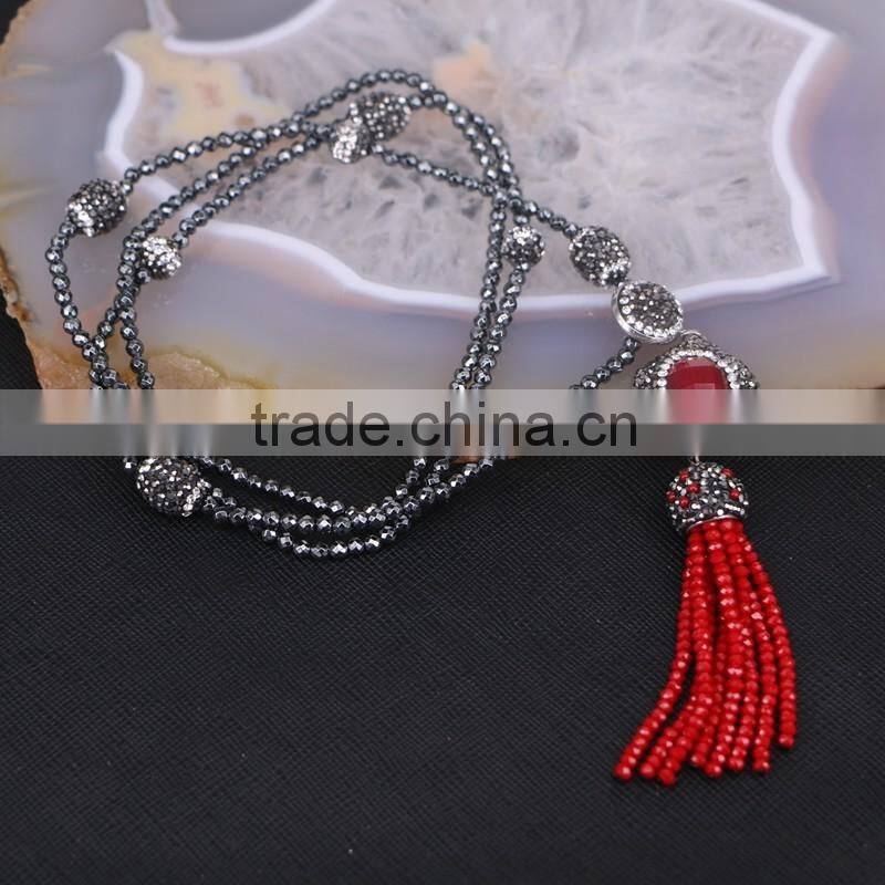 Charm Flower Red Gem Stone with Crystal Glass Tassel Pendant Necklace, Crystal Rhinestone Beads Hematite Beaded Necklace