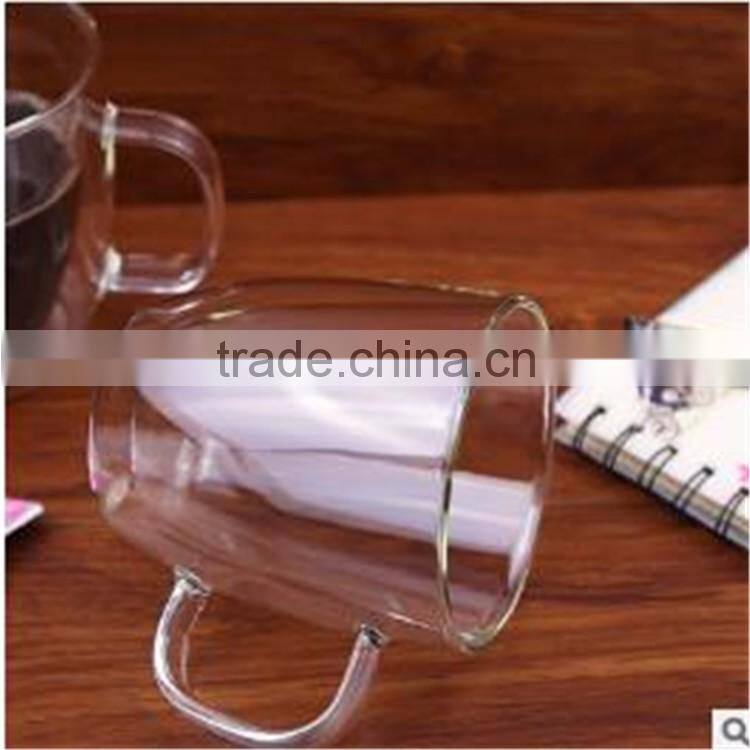 100% Lead free heat resistant borosilicate double wall glass coffee/milk cup with handle in stock