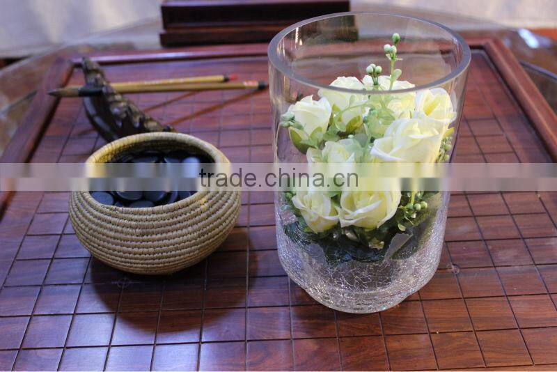 crackled cylinder glass candle holder with pedestal