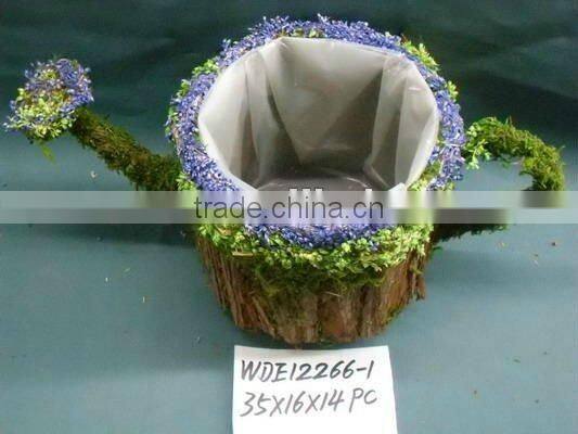 bark water can planter flower pot with moss decoration