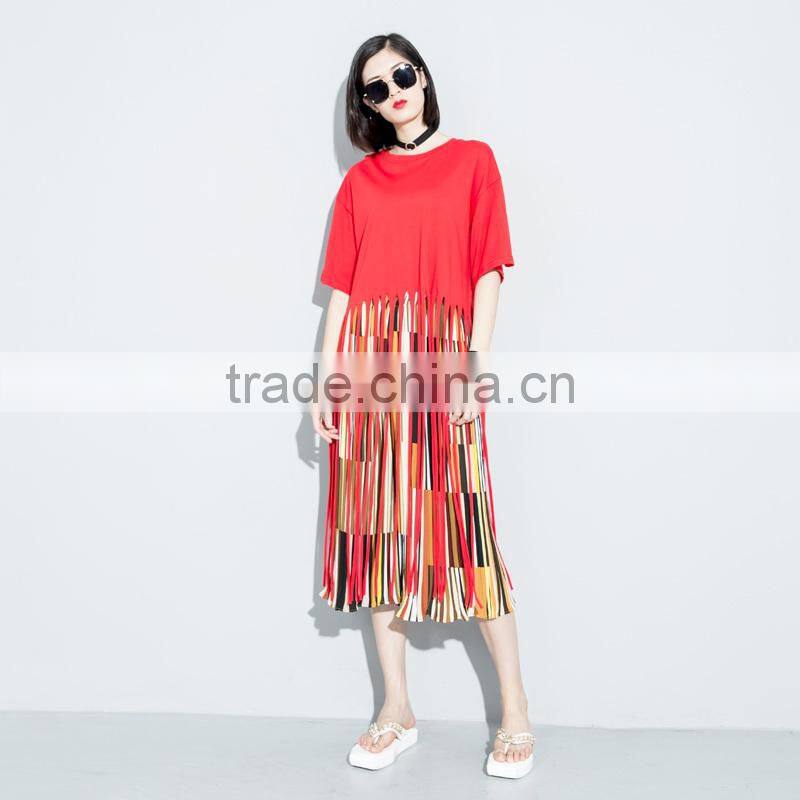 Guangzhou clothing OEM o neck half sleeves black long tassels tshirt