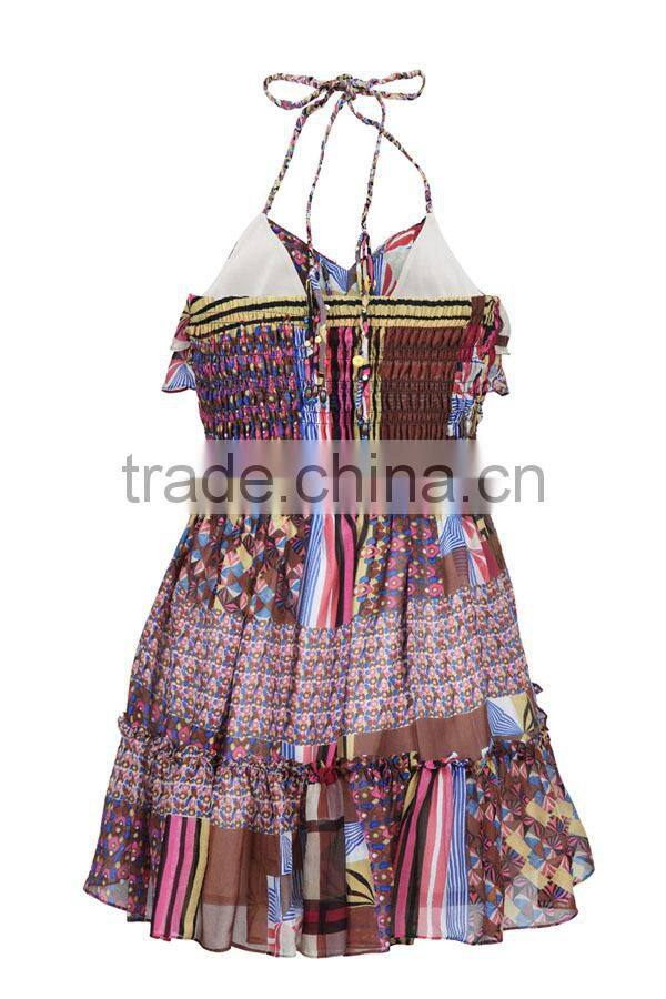 Fashion clothing factory direct woven ladies' pleated printed cheap chinese clothing with spaghetti straps
