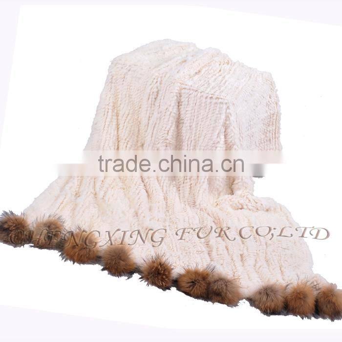CX-D-108 Hand Knitted Super Cream Real Rex Rabbit Fur Throw Blanket