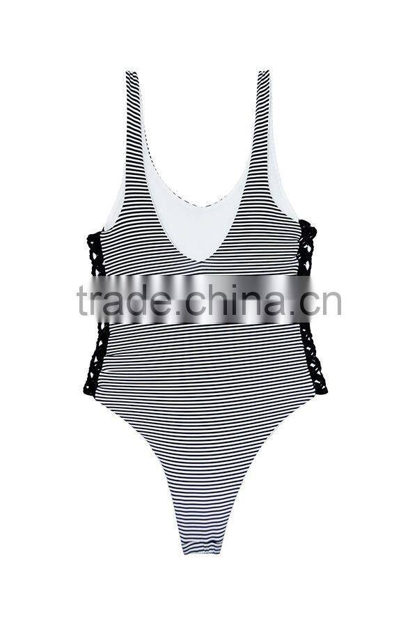 ladies black and white stripe and side braid one-piece swimwear