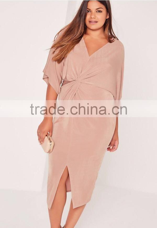 Plus Size Midi Dress Pink Long Sleeve Knot Sexy Elegance Dress Custom Split Hem Dress