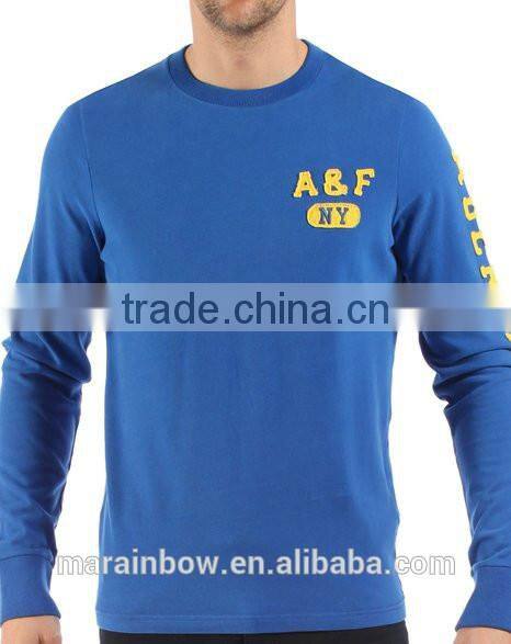 Cheap Wholesale Mens Royal Blue Long Sleeve T Shirt 100% Cotton Applique T-shirt Custom Embroidered Mens Workout shirts