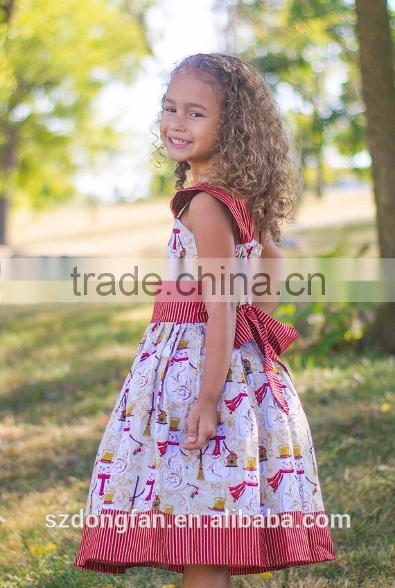 2017 Christmas Girl Party Dress Red Striped Snowman Printed Dress