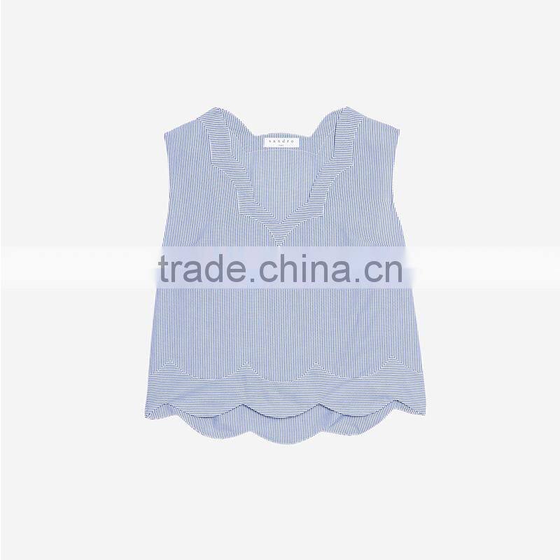 Striped cotton top with wave cut V-neck and hem sleeveless shirt tank tops