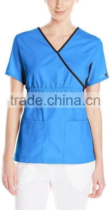 Top Selling Mock Wrap Women Medical Scrubs Wholesale Knit Panel Top