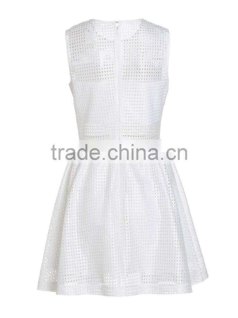 Gilrs solid color plaid hollow out lace sleeveless dress