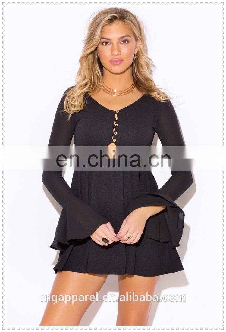 Black ruffle V neck party dress with long bell sleeve