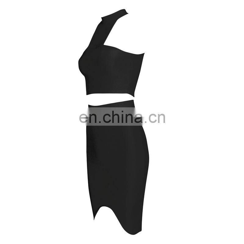 Amigo 2017 two pieces black bandage dress suit sexy evening dresses with halter crop top and midi irregular skirt for women