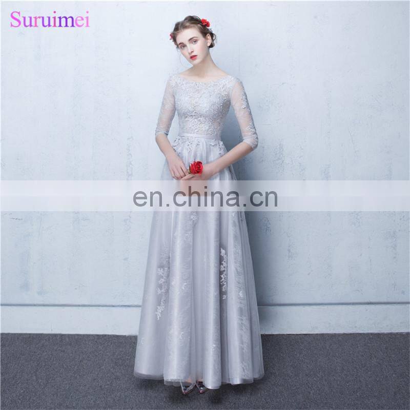 Dubai Bridesmaid Dresses Vestidos De Noite Longos Silver Appliques A Line Long Brides Maid Dresses with Sleeves